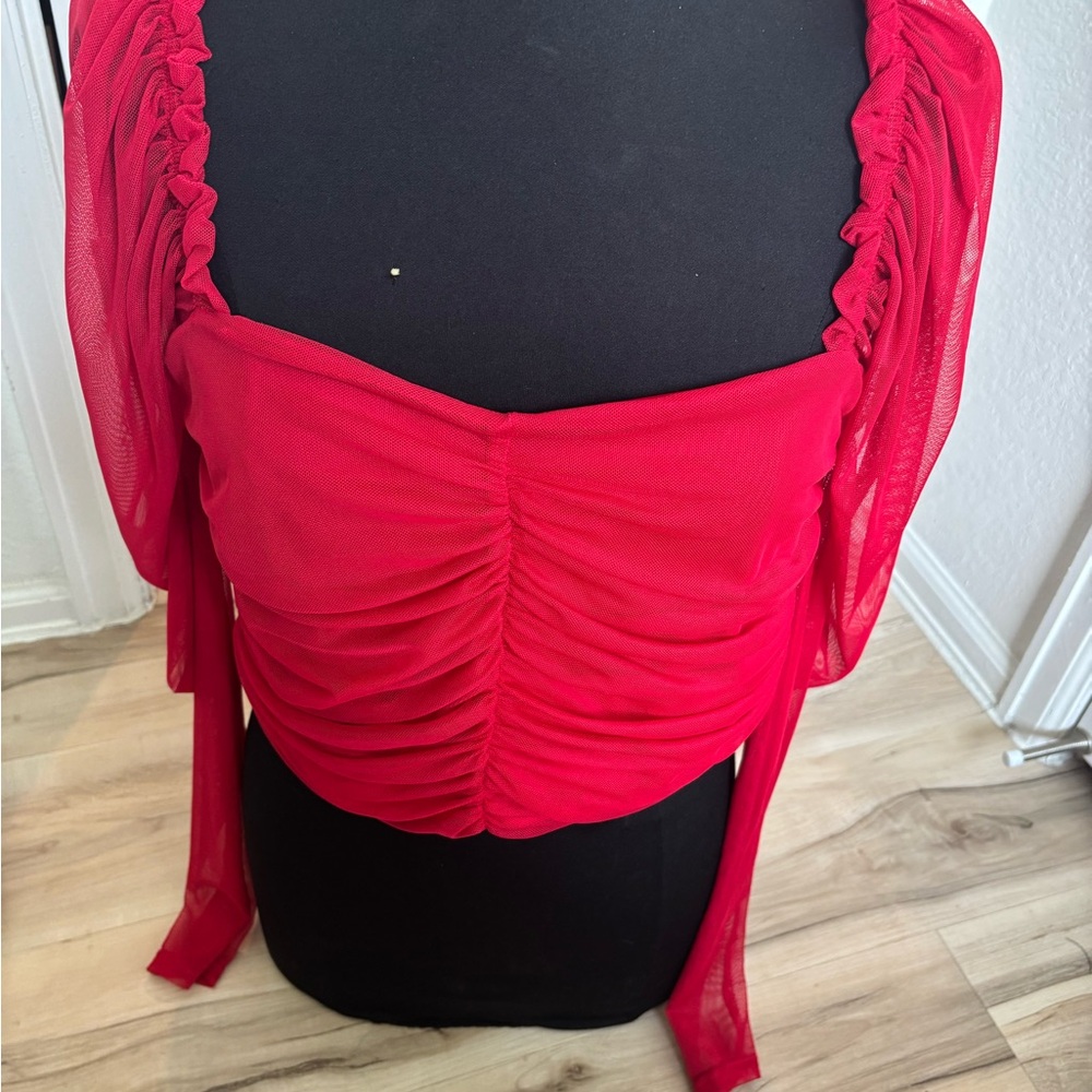 Elegant Red Ruched Women's Top - Picture 3 of 5